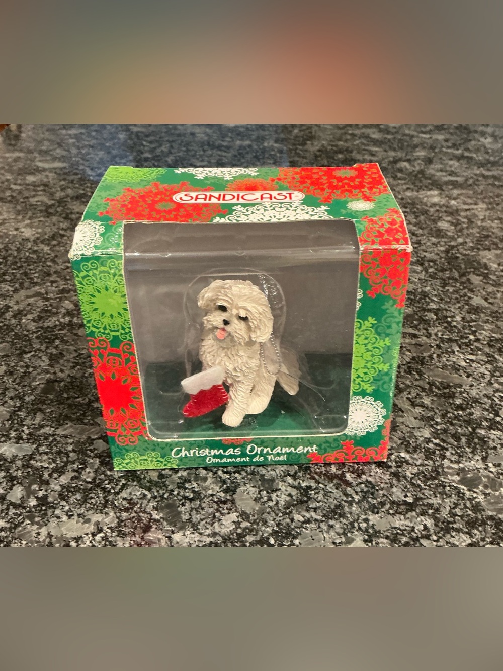 Sandicast Holiday Bichon Frise Puppy Ornament with Red Stocking